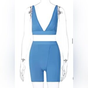 Blue V-Neck Sports Bra and Shorts Set